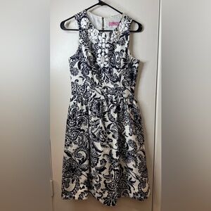 Eliza J Floral Beaded Neckline Dark Navy Blue White Linen Blend Mini Dress M